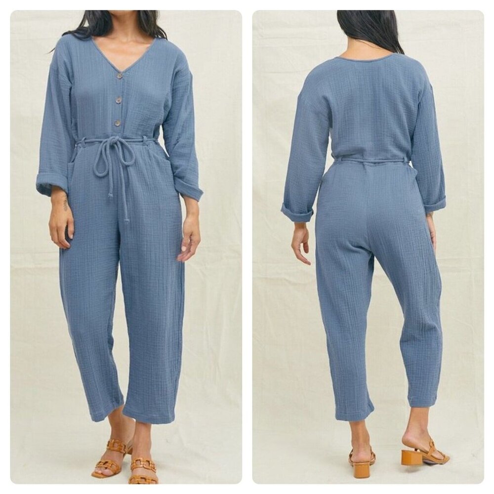 Back Beat Co. Women's Blue Waffle Knit Long Sleeve Jumpsuit